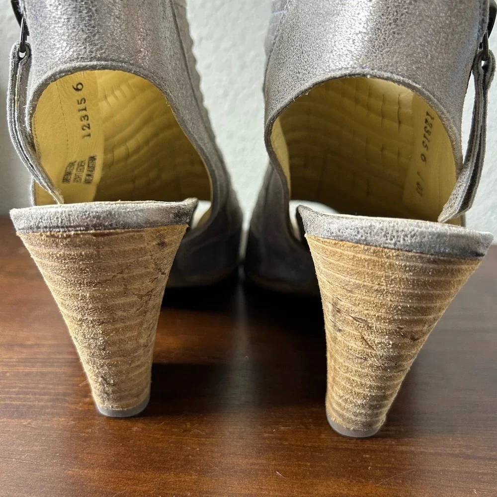 Paul Green Heel Booties 6.5 Cayanne Metallic Pewter Leather‎ Peep Toe Block Heel